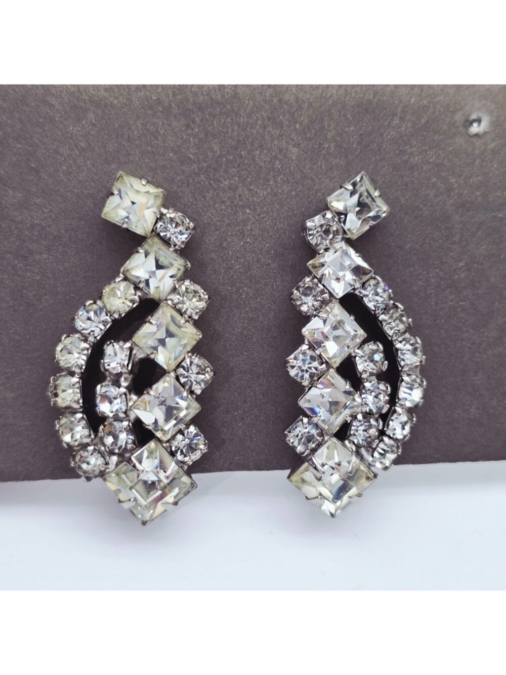 Rhinestone Clip-On Earrings Silver-Tone Sparkling Square & Round Stones